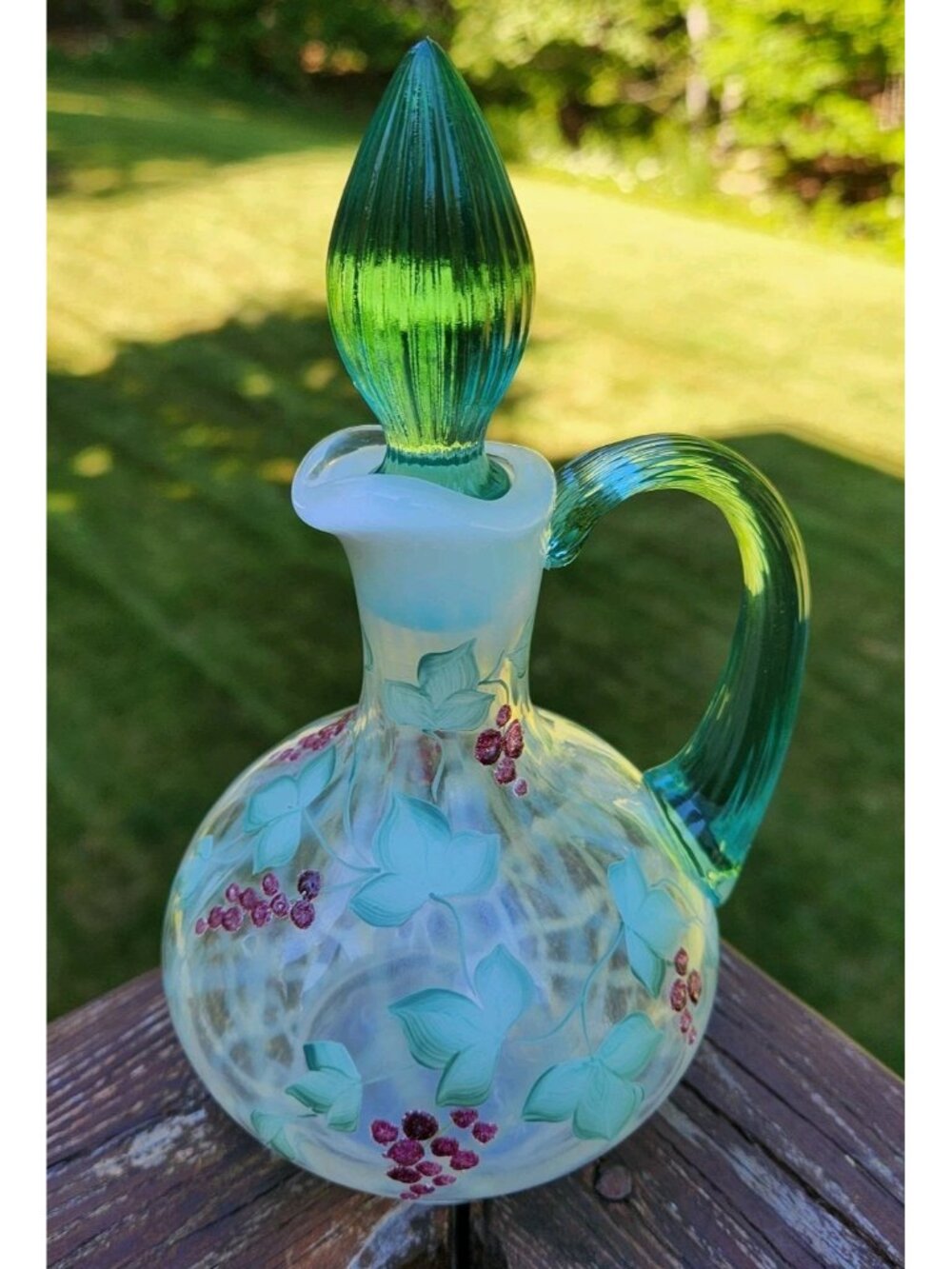 Frank Fenton Green Opalescent Diamond Optic Cruet Hand Painted Grape Jo Reynolds
